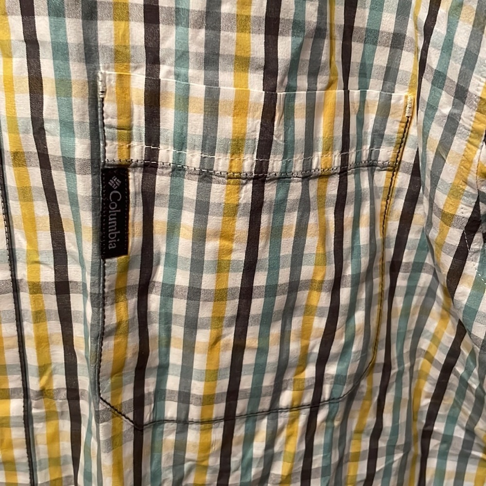 Lg Columbia Sportswear L/S button up YW/gray/WH/ teal dress shirt Gently Used - Picture 3 of 4